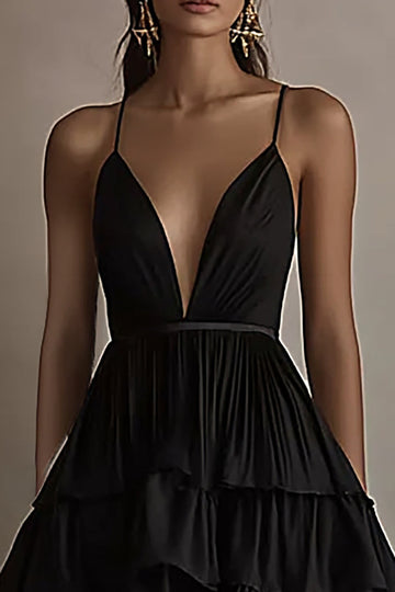 Black A Line Ruffled V-Neck Tiered High-Low Formal Dress